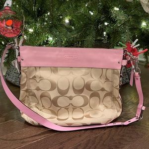 NWT Coach khaki and pink signature leather/canvas Large Zoe Tote